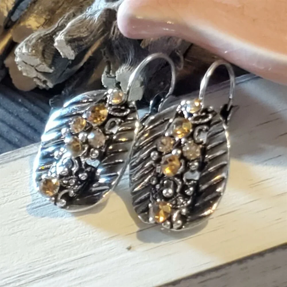 Vintage Amber Color Crystals Antique Silver Art Nouveau Style Leverback Earrings